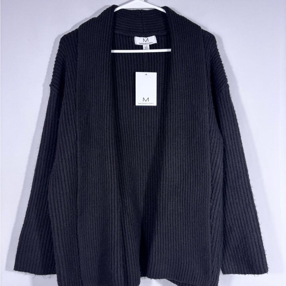 NWT Magaschoni Fuzzy Black Ribbed Cardigan Size Large T3